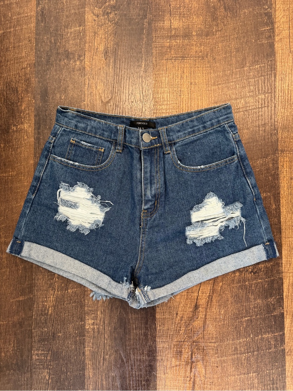Forever21 dark blue high waisted distressed cuffed denim shorts